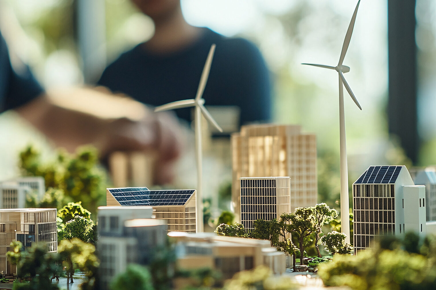 architecture model with wind turbines, solar panels, and green building design in office architecture model with wind turbines, solar panels, and green building design in office
